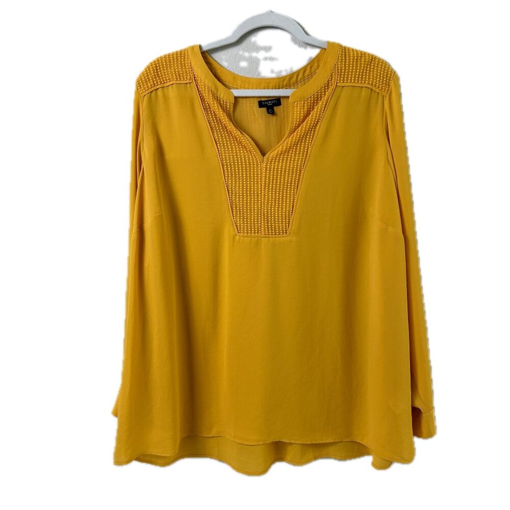Talbots Blouse Womens 2X‎ Yellow Embroidered Long Sleeve Pullover V-Neck Top
